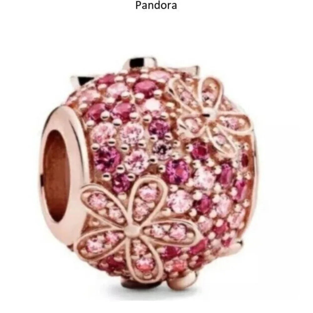 Pink Pav?? Daisy Flower Charm - 14k rose gold - Fits Pandora Charm Bracelets